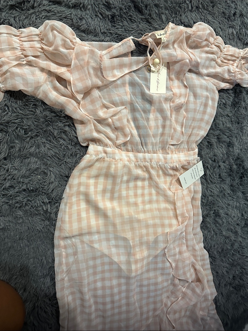 For Love & Lemons Blush Pink Gingham Ruffle Off-Shoulder Dress